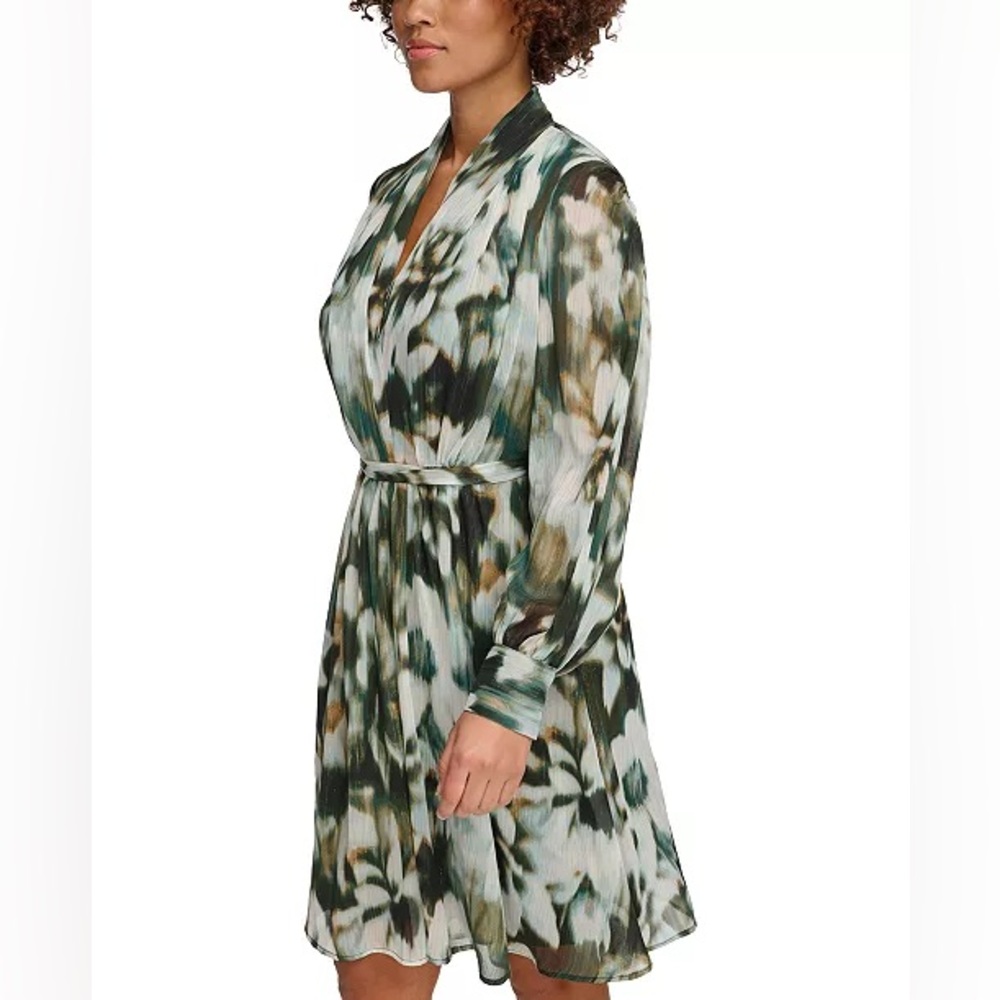 Calvin Klein Green Floral Print Long Sleeve Midi Dress Women’s Size 4